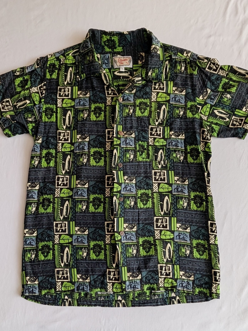 Atomic Tiki Men’s M Geometric Hawaiian Button-Up Shirt Green Blue Cotton